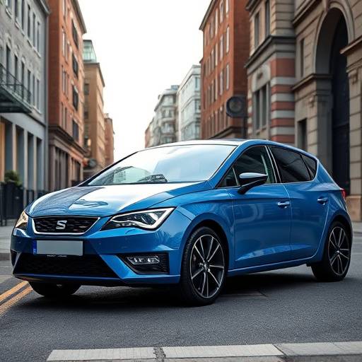 SEAT León azul, estacionado en una calle urbana.